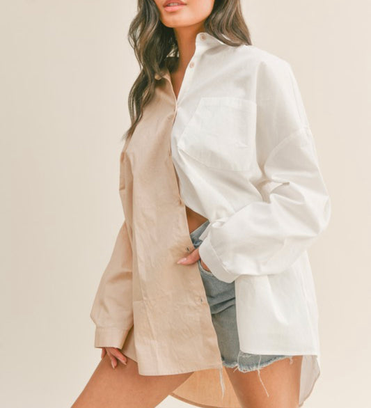 OVERSIZED COLOR BLOCK BUTTON DOWN TOP